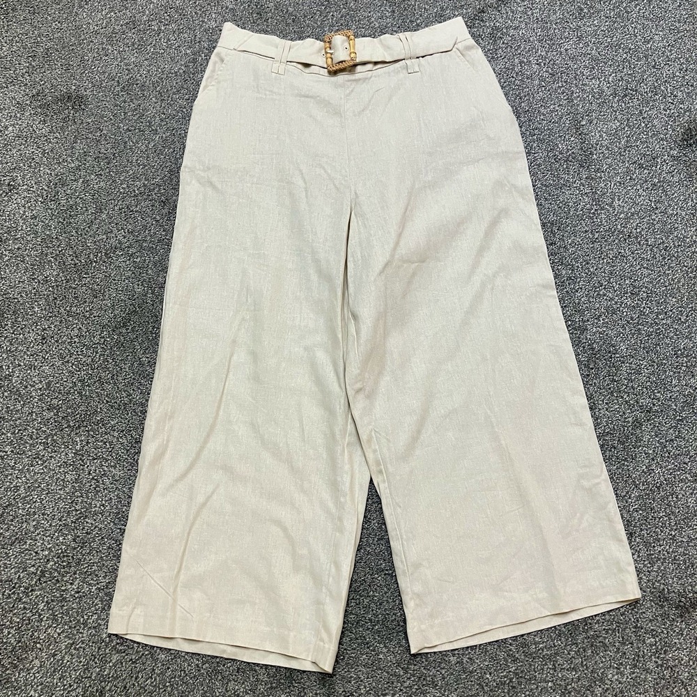 Sigrid Olsen Large Linen Pants Wide Leg Elastic Waist Coastal Beachy Beige Tan